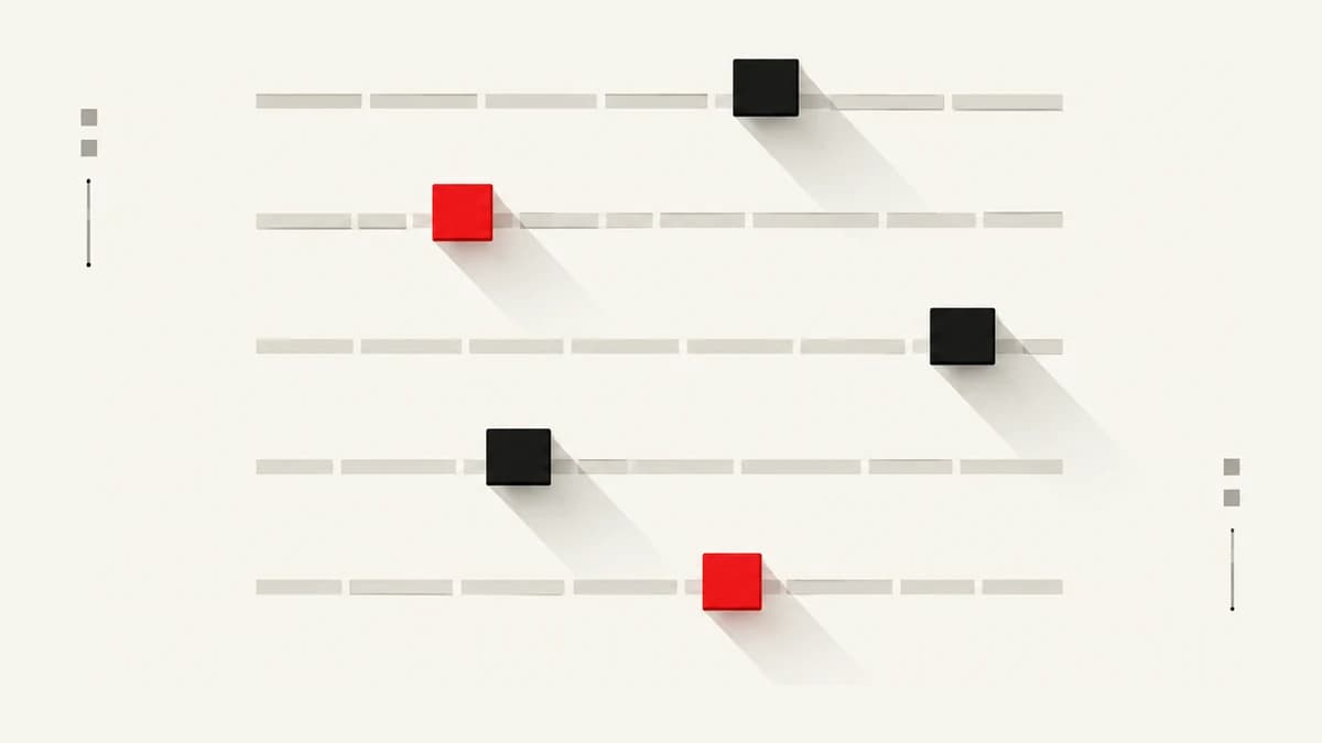 Five parameter tracks with markers set at different positions, two of them pushed to red.