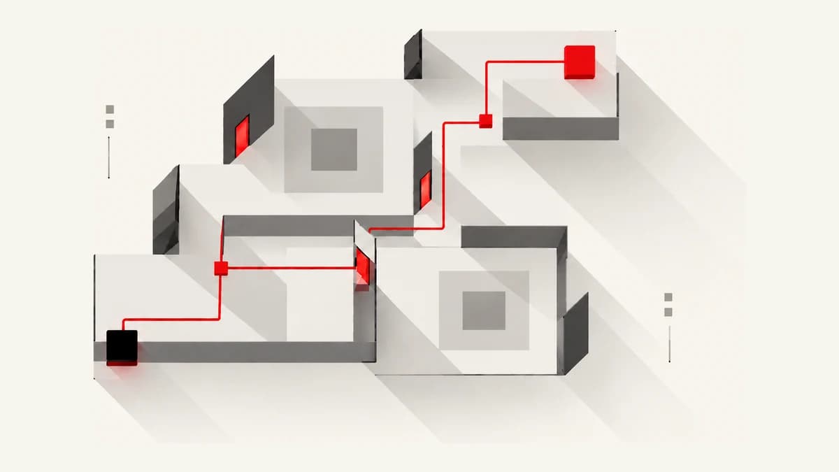 Routes traced in red through an isometric cutaway of a level, branching between rooms toward lit exits.